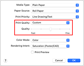 figure:Select Custom from Print Quality of Quality & Media in the Print dialog
