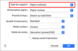 figure&nbsp;:&nbsp;Type de support dans Qualité et support de la boîte de dialogue Imprimer