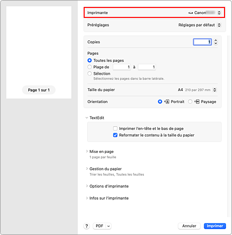 figure&nbsp;:&nbsp;Imprimante dans la boîte de dialogue Imprimer