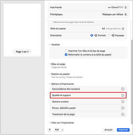 figure&nbsp;:&nbsp;Qualité et support dans la boîte de dialogue Imprimer