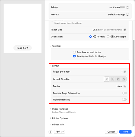 figure:Layout in the Print dialog