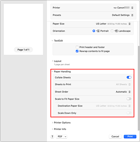 figure::Paper Handling in the Print dialog