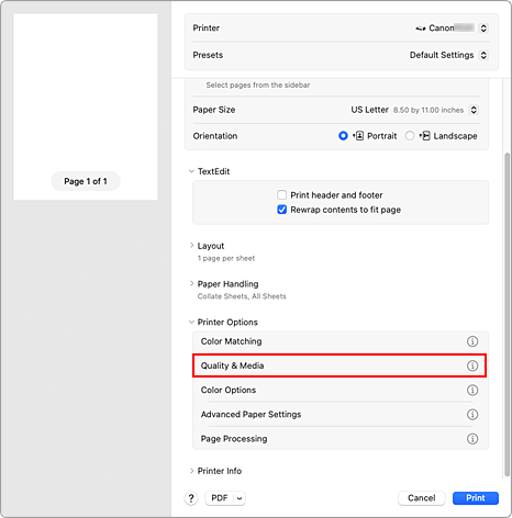 figure:Quality & Media in the Print dialog