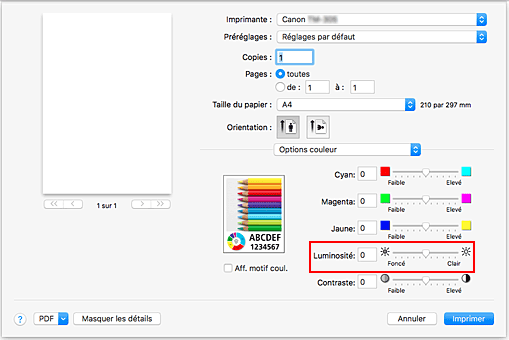 figure&nbsp;: Luminosité des options de couleur dans la boîte de dialogue Imprimer