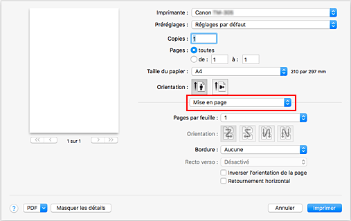 figure&nbsp;:&nbsp;Mise en page dans la boîte de dialogue Imprimer