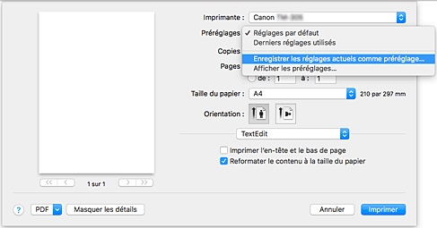 figure&nbsp;: Sélectionnez Enregistrer les paramètres actuels comme préréglages... dans les Préréglages de la boîte de dialogue Imprimer
