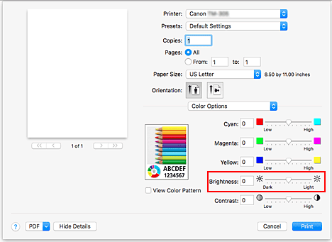 Imagen: Brillo de Opciones de color del cuadro de diálogo Imprimir