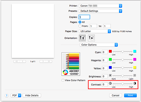 Imagen: Contraste de Opciones de color del cuadro de diálogo Imprimir