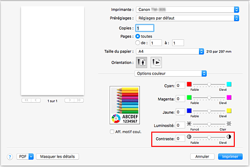 figure&nbsp;: Contraste des options de couleur dans la boîte de dialogue Imprimer