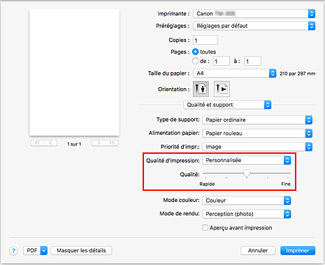 figure&nbsp;:&nbsp;Sélectionnez Personnalisée pour Qualité et support dans la boîte de dialogue Imprimer.