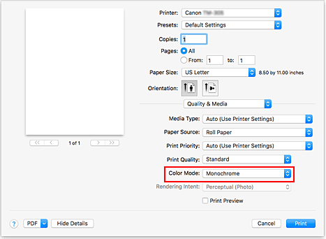 Abbildung: Monochrom und Monochrom-Bitmap von Qualität & Medium im Druckdialogfeld