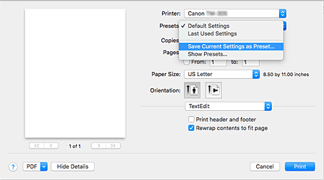 figure:Select Save Current Settings as Preset... from Presets in the Print dialog