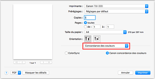 figure&nbsp;:&nbsp;Concordance des couleurs dans la boîte de dialogue Imprimer