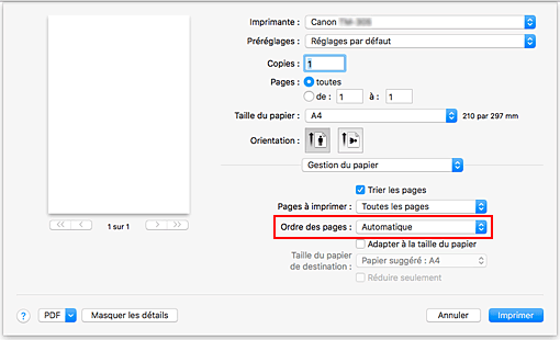 figure : Sélectionnez Automatique dans Ordre des pages pour Gestion du papier dans la boîte de dialogue Imprimer.