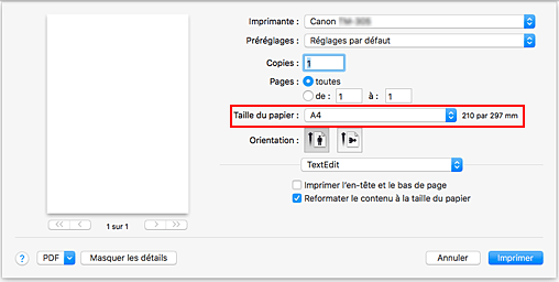 figure : Taille du papier dans la boîte de dialogue Imprimer