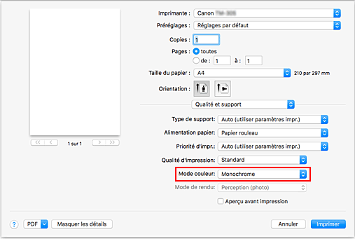 figure : monochrome et monochrome matriciel de la qualité et du support dans la boîte de dialogue Imprimer