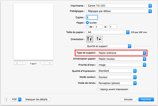 figure : Type de support dans Qualité et support de la boîte de dialogue Imprimer