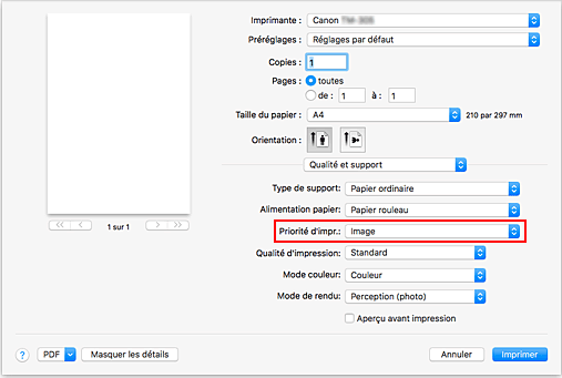 figure : Qualité d'impression dans Qualité et support de la boîte de dialogue Imprimer