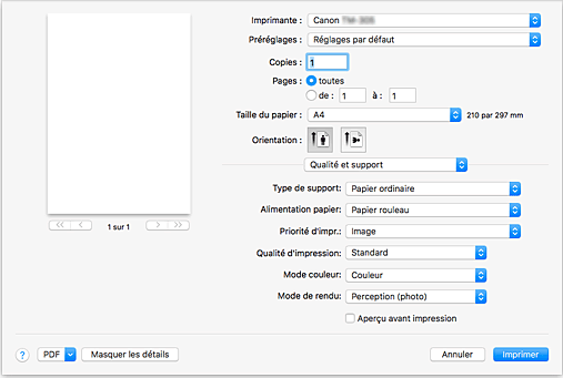 figure : Qualité et support dans la boîte de dialogue Imprimer