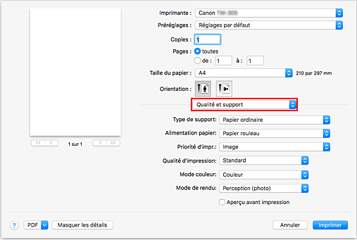 figure : Qualité et support dans la boîte de dialogue Imprimer