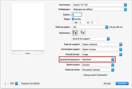 figure : Qualité d'impression dans Qualité et support de la boîte de dialogue Imprimer