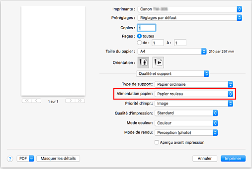 figure : Alimentation papier dans Qualité et support de la boîte de dialogue Imprimer