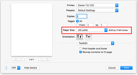 figura: Tamanho d Papel na caixa de diálogo Imprimir