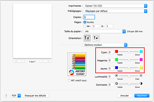 figure : Équilibre des couleurs des options de couleur dans la boîte de dialogue Imprimer