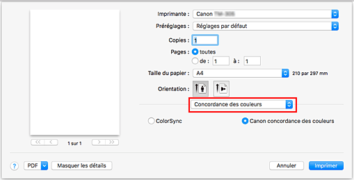 figure : Concordance des couleurs dans la boîte de dialogue Imprimer