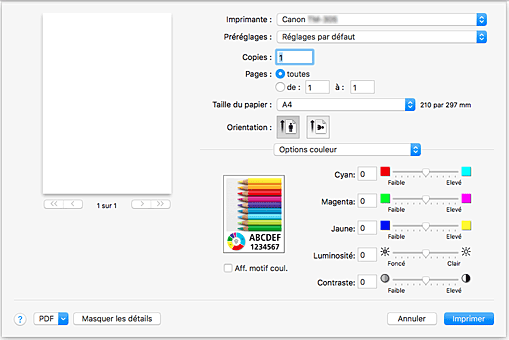 figure&nbsp;:&nbsp;Options couleur dans la boîte de dialogue Imprimer