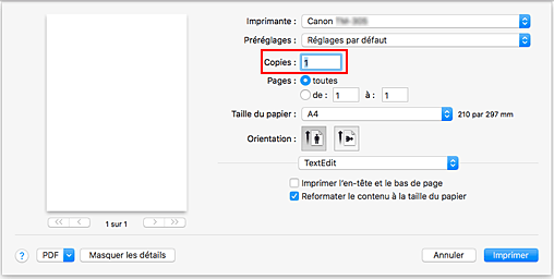 figure : Copies dans la boîte de dialogue Imprimer