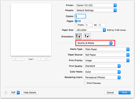 figura: Qualità/Tipo di carta nella finestra di dialogo Stampa