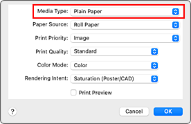 Abbildung: "Medientyp" unter "Qualität und Medium" im Dialog "Drucken"