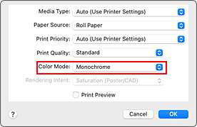 figure:Monochrome and Monochrome Bitmap of Quality & Media in the Print dialog