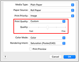 Imagen: selección de Personalizada en Calidad de impresión de Calidad y soporte del cuadro de diálogo Imprimir