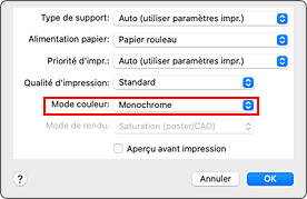 figure : monochrome et monochrome matriciel de la qualité et du support dans la boîte de dialogue Imprimer