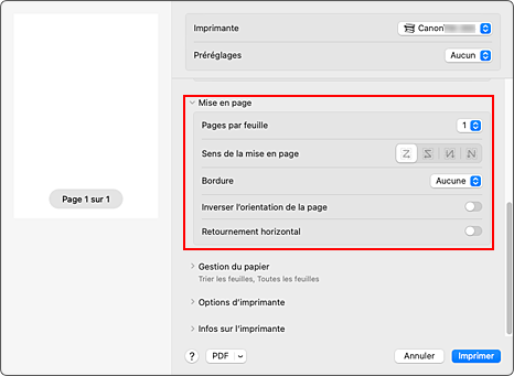 figure&nbsp;:&nbsp;Mise en page dans la boîte de dialogue Imprimer
