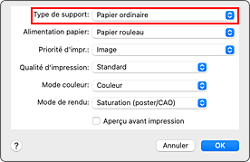 figure&nbsp;:&nbsp;Type de support dans Qualité et support de la boîte de dialogue Imprimer