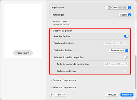 figure : Gestion du papier dans la boîte de dialogue Imprimer