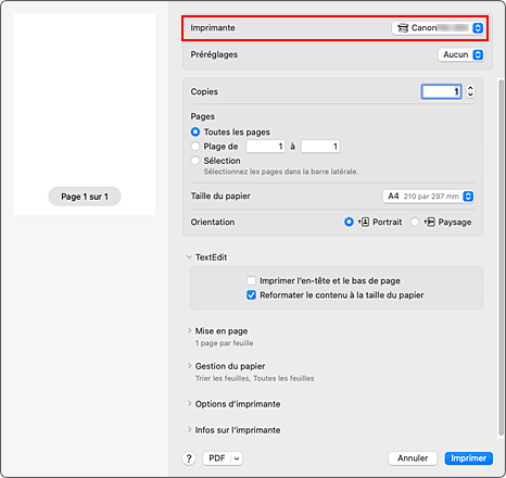 figure&nbsp;:&nbsp;Imprimante dans la boîte de dialogue Imprimer