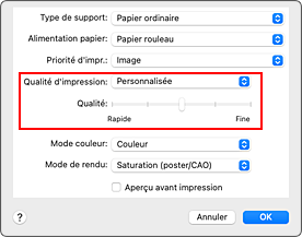 figure&nbsp;:&nbsp;Sélectionnez Personnalisée pour Qualité et support dans la boîte de dialogue Imprimer.