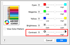 그림: 프린트 대화 상자 [컬러 옵션]의 [대비도]