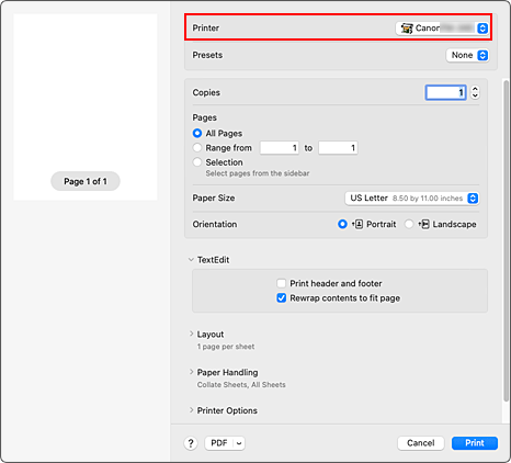 figura: Impressora na caixa de diálogo Imprimir