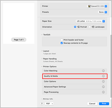 figura: Qualidade e Mídia na caixa de diálogo Imprimir