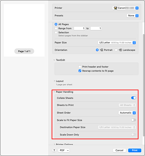 рисунок::"Работа с бумагой" (Paper Handling) в диалоговом окне печати
