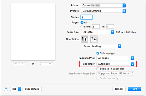 figure:Select Automatic from Page order of Paper Handling in the Print dialog