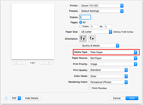 figure:Media Type of Quality & Media in the Print dialog