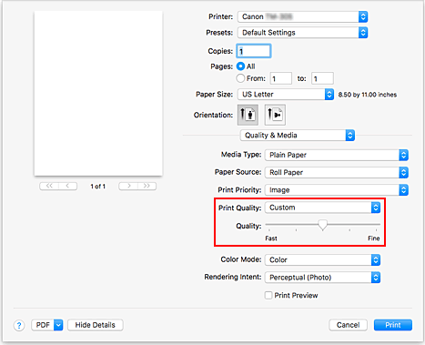 figure:Select Custom from Print Quality of Quality & Media in the Print dialog