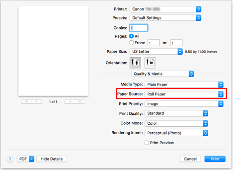 figure:Paper Source of Quality & Media in the Print dialog