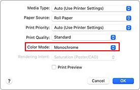 figure:Monochrome and Monochrome Bitmap of Quality & Media in the Print dialog